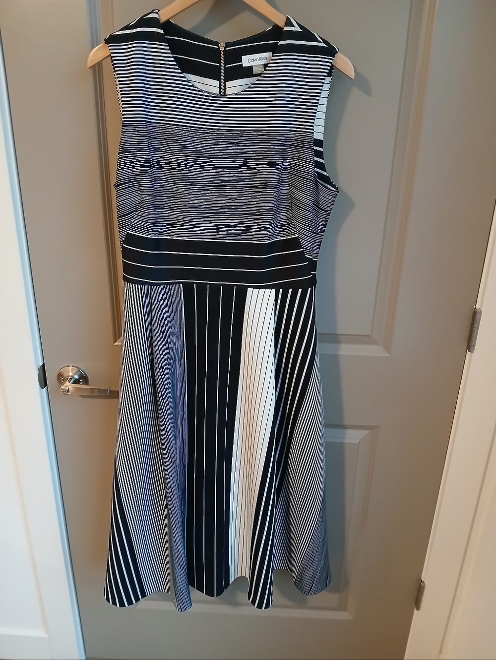 Calvin Klein Black and White Striped Fit-and-Flare Midi Dress